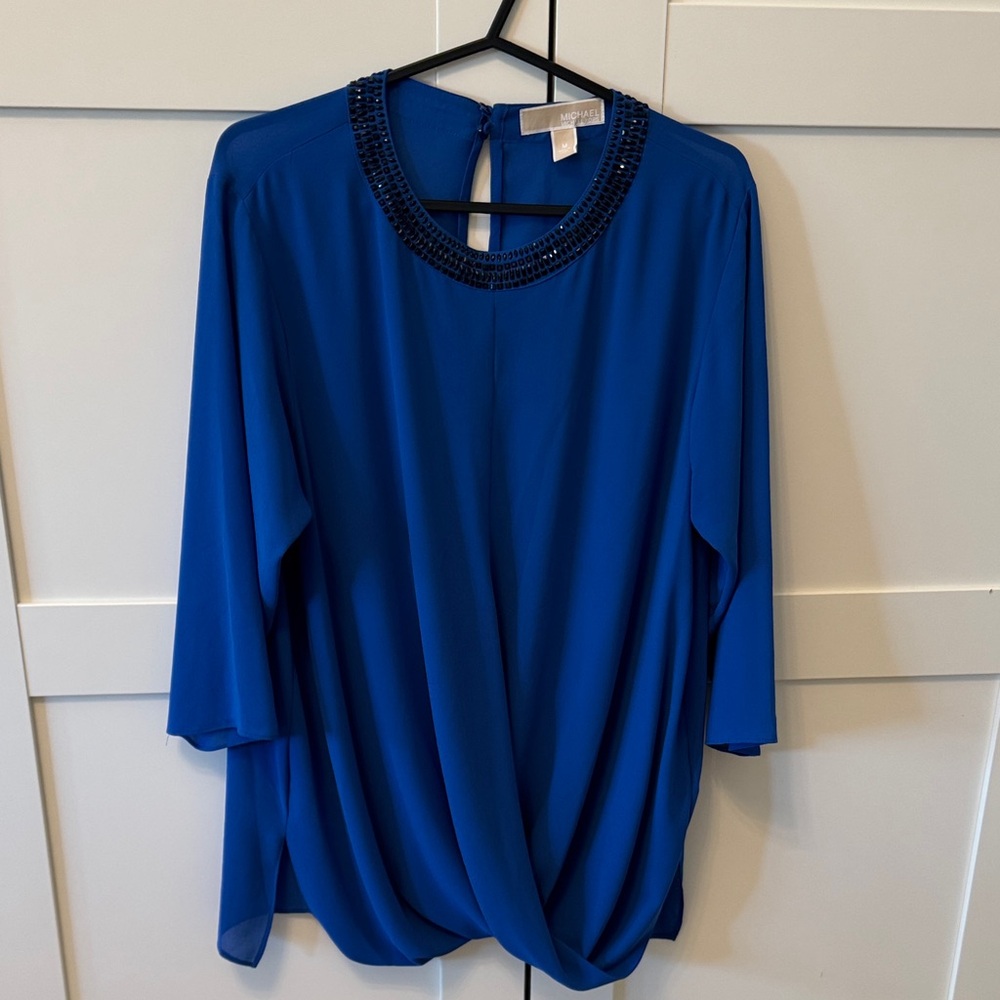 Michael Kors Cobalt Blue Beaded-Neck Draped Blouse